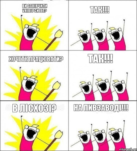 Ви закінчили університет? ТАК!!! Хочетк працювати? ТАК!!! В лісхозі? На пивзаводі!!!