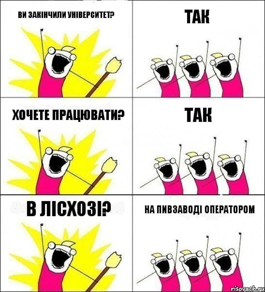 Ви закінчили університет? ТАК Хочете працювати? ТАК В Лісхозі? На пивзаводі оператором, Комикс кто мы