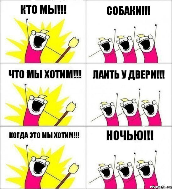 Кто мы!!! Собаки!!! Что мы хотим!!! Лаить у двери!!! Когда это мы хотим!!! Ночью!!!