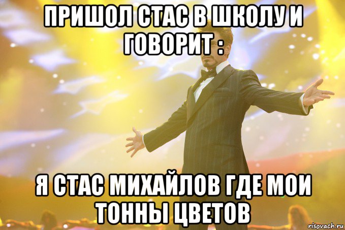 пришол стас в школу и говорит : я стас михайлов где мои тонны цветов, Мем Тони Старк (Роберт Дауни младший)