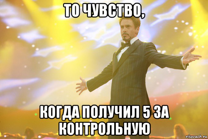 то чувство, когда получил 5 за контрольную, Мем Тони Старк (Роберт Дауни младший)