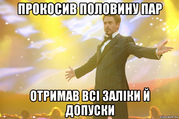 прокосив половину пар отримав всі заліки й допуски, Мем Тони Старк (Роберт Дауни младший)