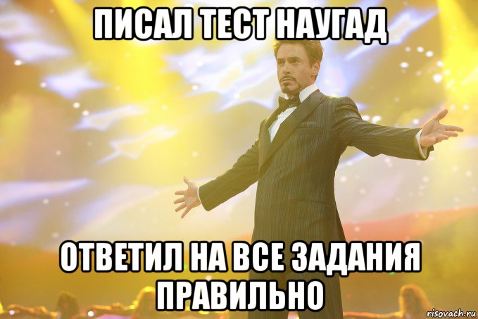 писал тест наугад ответил на все задания правильно, Мем Тони Старк (Роберт Дауни младший)