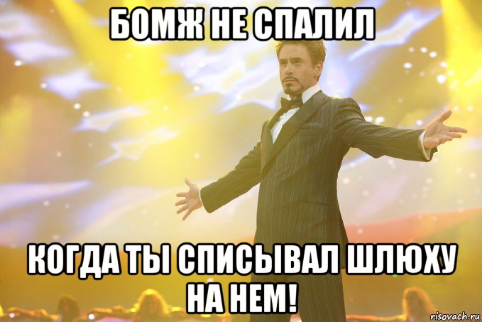 бомж не спалил когда ты списывал шлюху на нем!, Мем Тони Старк (Роберт Дауни младший)