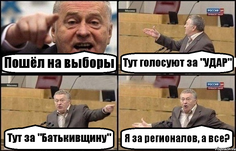 Пошёл на выборы Тут голосуют за "УДАР" Тут за "Батькивщину" Я за регионалов, а все?, Комикс Жириновский