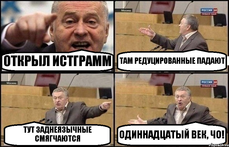 ОТКРЫЛ ИСТГРАММ ТАМ РЕДУЦИРОВАННЫЕ ПАДАЮТ ТУТ ЗАДНЕЯЗЫЧНЫЕ СМЯГЧАЮТСЯ ОДИННАДЦАТЫЙ ВЕК, ЧО!, Комикс Жириновский