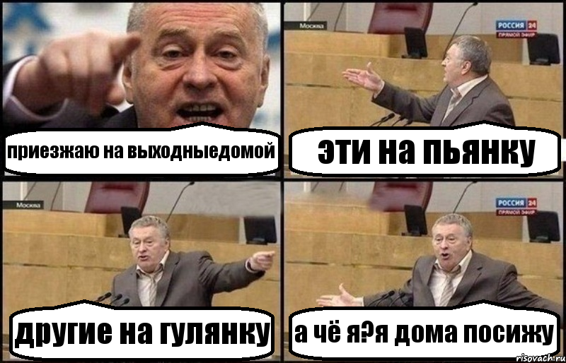 приезжаю на выходныедомой эти на пьянку другие на гулянку а чё я?я дома посижу, Комикс Жириновский