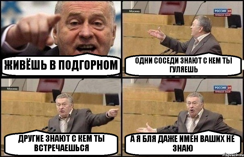 ЖИВЁШЬ В ПОДГОРНОМ ОДНИ СОСЕДИ ЗНАЮТ С КЕМ ТЫ ГУЛЯЕШЬ ДРУГИЕ ЗНАЮТ С КЕМ ТЫ ВСТРЕЧАЕШЬСЯ А Я БЛЯ ДАЖЕ ИМЁН ВАШИХ НЕ ЗНАЮ, Комикс Жириновский