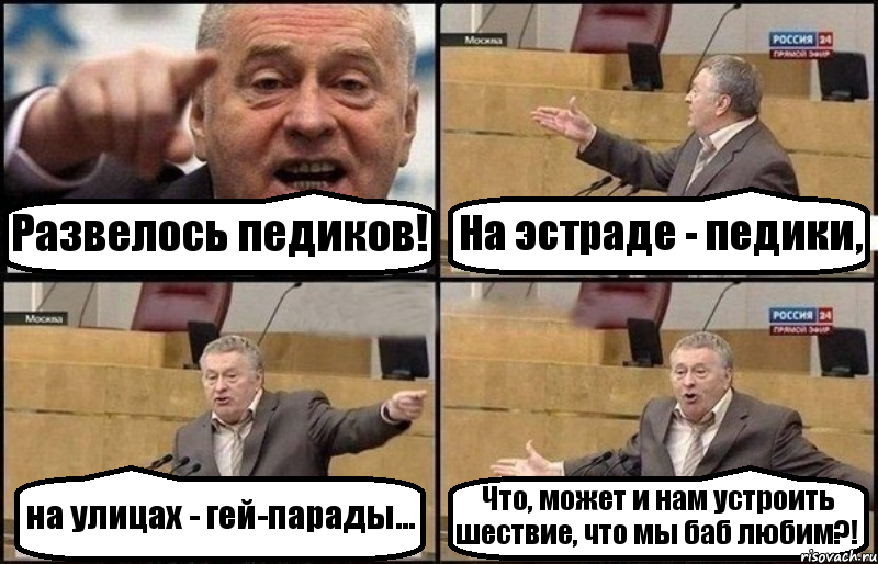 Развелось педиков! На эстраде - педики, на улицах - гей-парады... Что, может и нам устроить шествие, что мы баб любим?!, Комикс Жириновский