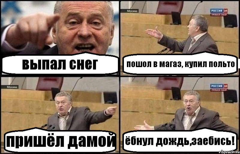 выпал снег пошол в магаз, купил польто пришёл дамой ёбнул дождь,заебись!, Комикс Жириновский