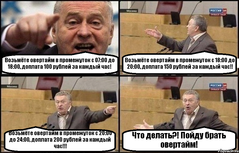 Возьмёте овертайм в промежуток с 07:00 до 18:00, доплата 100 рублей за каждый час! Возьмёте овертайм в промежуток с 18:00 до 20:00, доплата 150 рублей за каждый час!! Возьмёте овертайм в промежуток с 20:00 до 24:00, доплата 200 рублей за каждый час!!! Что делать?! Пойду брать овертайм!, Комикс Жириновский