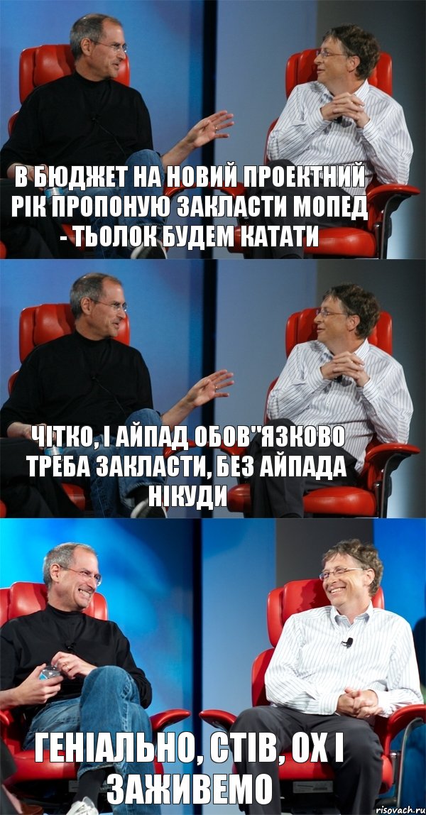 в бюджет на новий проектний рік пропоную закласти мопед - тьолок будем катати чітко, і айпад обов"язково треба закласти, без айпада нікуди геніально, Стів, ох і заживемо