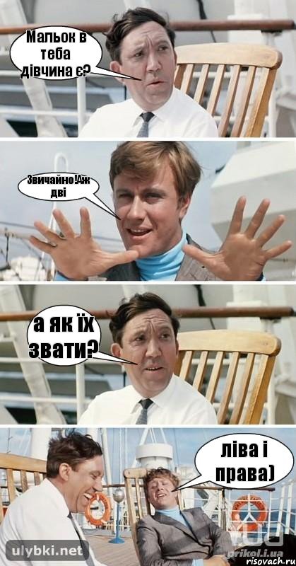 Мальок в теба дівчина є? Звичайно!Аж дві а як їх звати? ліва і права)