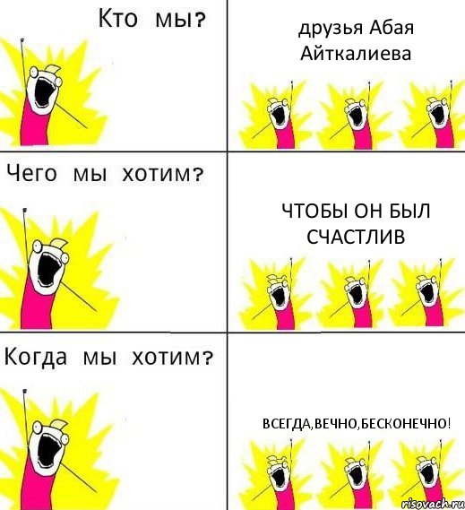 друзья Абая Айткалиева ЧТОБЫ ОН БЫЛ СЧАСТЛИВ ВСЕГДА,ВЕЧНО,БЕСКОНЕЧНО!, Комикс Что мы хотим