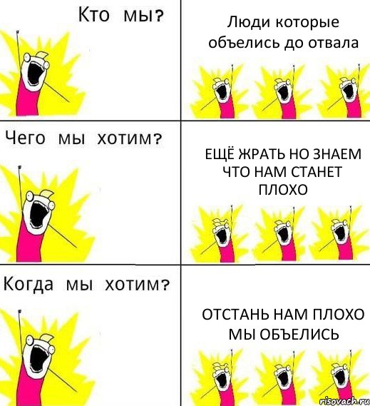 Люди которые объелись до отвала Ещё жрать но знаем что нам станет плохо Отстань нам плохо мы объелись, Комикс Что мы хотим