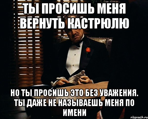 ты просишь меня вернуть кастрюлю но ты просишь это без уважения. ты даже не называешь меня по имени, Мем Дон Вито Корлеоне