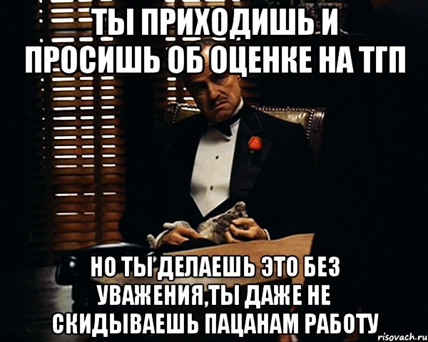 ты приходишь и просишь об оценке на тгп но ты делаешь это без уважения,ты даже не скидываешь пацанам работу