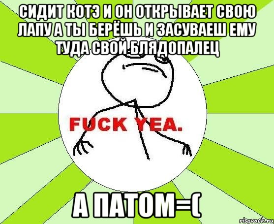 сидит котэ и он открывает свою лапу а ты берёшь и засуваеш ему туда свой блядопалец а патом=(