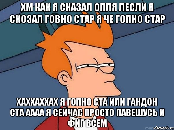 хм как я сказал опля лесли я скозал говно стар я че гопно стар хаххаххах я гопно ста или гандон ста аааа я сейчас просто павешусь и фиг всем, Мем  Фрай (мне кажется или)