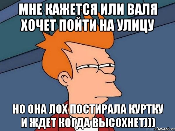 мне кажется или валя хочет пойти на улицу но она лох постирала куртку и ждет когда высохнет))), Мем  Фрай (мне кажется или)