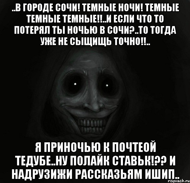 ..в городе сочи! темные ночи! темные темные темные!!..и если что то потерял ты ночью в сочи?..то тогда уже не сыщищь точно!!.. я приночью к почтеой тедубе..ну полайк ставьк!?? и надрузижи рассказьям ишип.., Мем Ночной гость