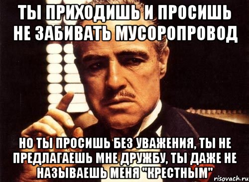 ты приходишь и просишь не забивать мусоропровод но ты просишь без уважения, ты не предлагаешь мне дружбу, ты даже не называешь меня "крестным", Мем крестный отец