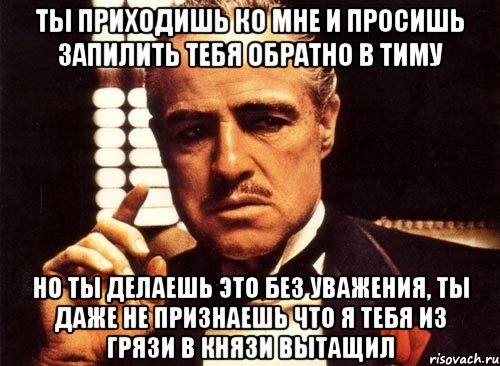 ты приходишь ко мне и просишь запилить тебя обратно в тиму но ты делаешь это без уважения, ты даже не признаешь что я тебя из грязи в князи вытащил, Мем крестный отец