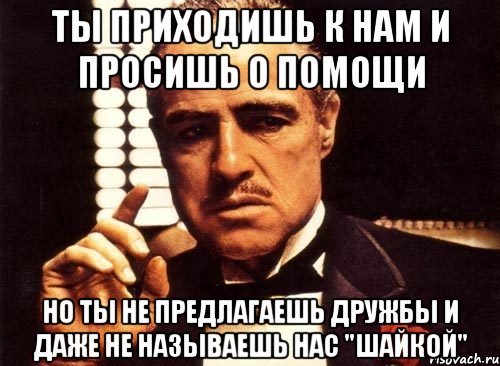 ты приходишь к нам и просишь о помощи но ты не предлагаешь дружбы и даже не называешь нас "шайкой", Мем крестный отец