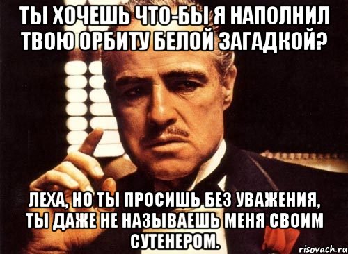 ты хочешь что-бы я наполнил твою орбиту белой загадкой? леха, но ты просишь без уважения, ты даже не называешь меня своим сутенером., Мем крестный отец