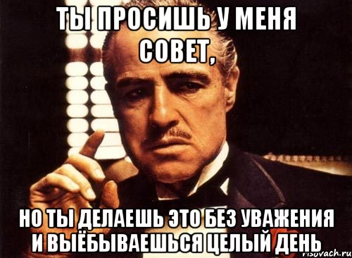 ты просишь у меня совет, но ты делаешь это без уважения и выёбываешься целый день, Мем крестный отец