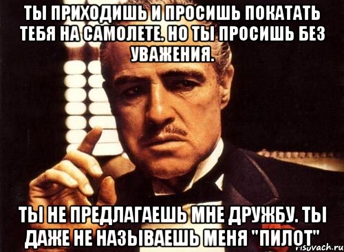 ты приходишь и просишь покатать тебя на самолете. но ты просишь без уважения. ты не предлагаешь мне дружбу. ты даже не называешь меня "пилот", Мем крестный отец