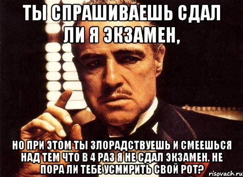 ты спрашиваешь сдал ли я экзамен, но при этом ты злорадствуешь и смеешься над тем что в 4 раз я не сдал экзамен. не пора ли тебе усмирить свой рот?, Мем крестный отец