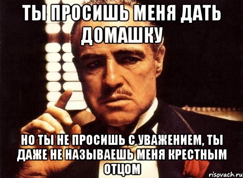 ты просишь меня дать домашку но ты не просишь с уважением, ты даже не называешь меня крестным отцом, Мем крестный отец