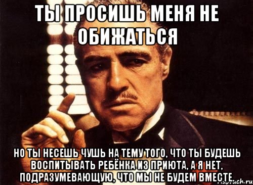 ты просишь меня не обижаться но ты несешь чушь на тему того, что ты будешь воспитывать ребёнка из приюта, а я нет, подразумевающую, что мы не будем вместе., Мем крестный отец