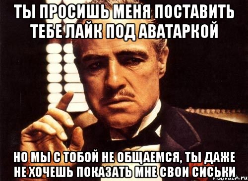 ты просишь меня поставить тебе лайк под аватаркой но мы с тобой не общаемся, ты даже не хочешь показать мне свои сиськи, Мем крестный отец