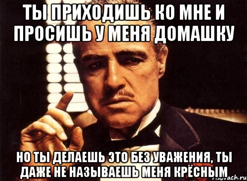 ты приходишь ко мне и просишь у меня домашку но ты делаешь это без уважения, ты даже не называешь меня крёсным, Мем крестный отец