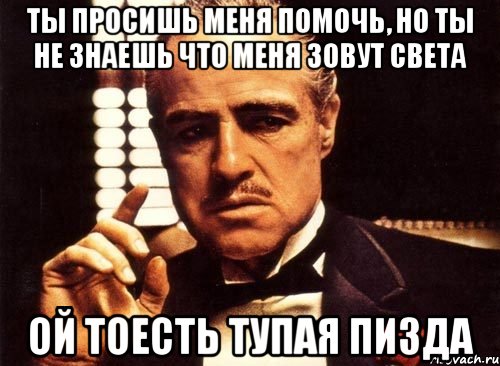 ты просишь меня помочь, но ты не знаешь что меня зовут света ой тоесть тупая пизда, Мем крестный отец