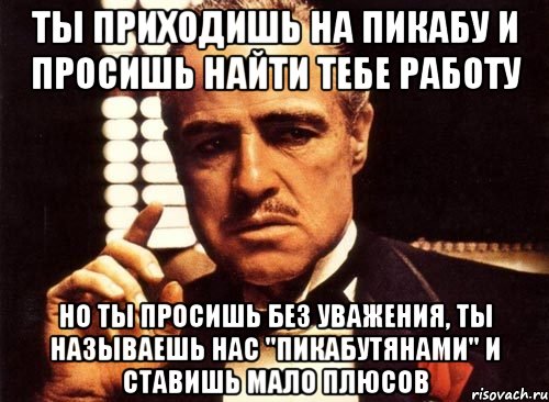 ты приходишь на пикабу и просишь найти тебе работу но ты просишь без уважения, ты называешь нас "пикабутянами" и ставишь мало плюсов, Мем крестный отец