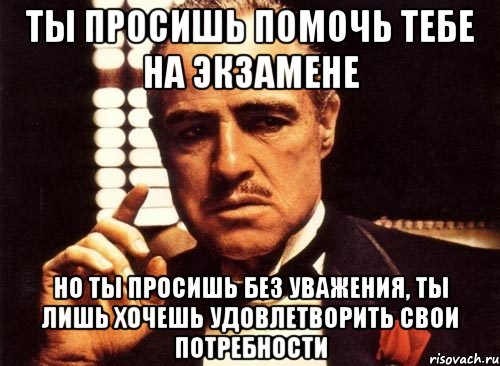 ты просишь помочь тебе на экзамене но ты просишь без уважения, ты лишь хочешь удовлетворить свои потребности, Мем крестный отец