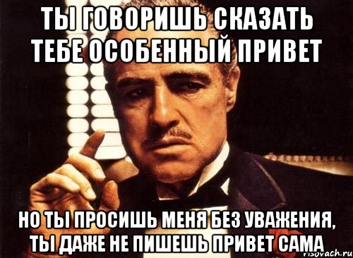 ты говоришь сказать тебе особенный привет но ты просишь меня без уважения, ты даже не пишешь привет сама, Мем крестный отец