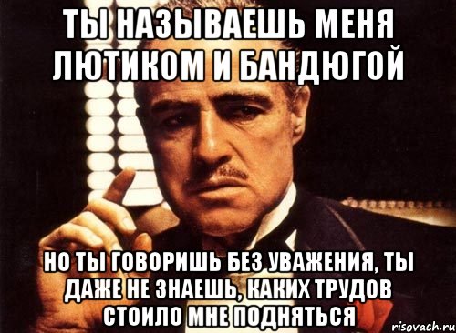 ты называешь меня лютиком и бандюгой но ты говоришь без уважения, ты даже не знаешь, каких трудов стоило мне подняться, Мем крестный отец