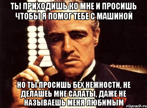 ты приходишь ко мне и просишь чтобы я помог тебе с машиной но ты просишь бех нежности, не делашеь мне салаты, даже не называешь меня любимым, Мем крестный отец