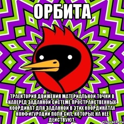 орбита траектория движения материальной точки в наперёд заданной системе пространственных координат для заданной в этих координатах конфигурации поля сил, которые на неё действуют., Мем Омская птица