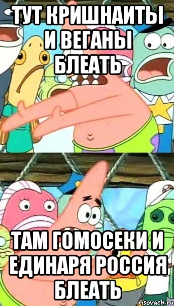 тут кришнаиты и веганы блеать там гомосеки и единаря россия блеать, Мем Патрик (берешь и делаешь)