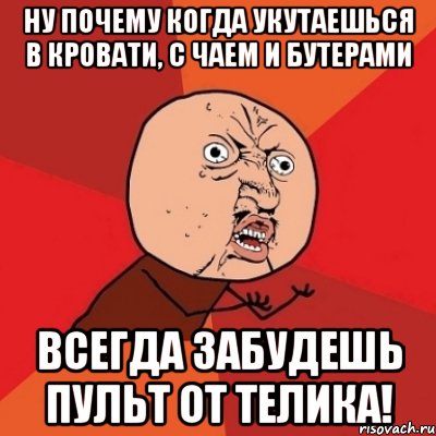 ну почему когда укутаешься в кровати, с чаем и бутерами всегда забудешь пульт от телика!, Мем Почему