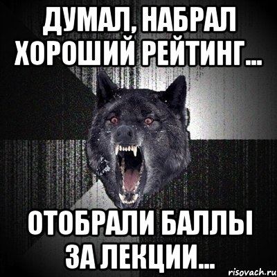 думал, набрал хороший рейтинг... отобрали баллы за лекции..., Мем Сумасшедший волк