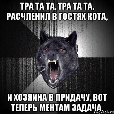 тра та та, тра та та, расчленил в гостях кота, и хозяина в придачу, вот теперь ментам задача., Мем Сумасшедший волк