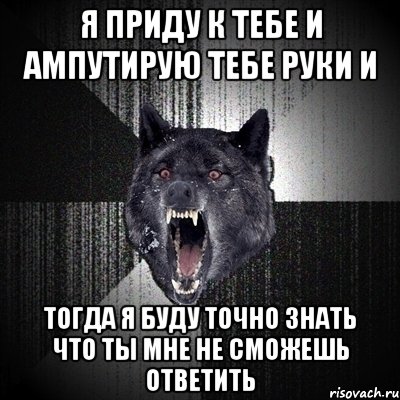 я приду к тебе и ампутирую тебе руки и тогда я буду точно знать что ты мне не сможешь ответить, Мем Сумасшедший волк