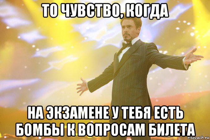 то чувство, когда на экзамене у тебя есть бомбы к вопросам билета, Мем Тони Старк (Роберт Дауни младший)