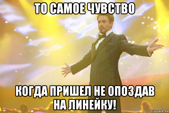 то самое чувство когда пришел не опоздав на линейку!, Мем Тони Старк (Роберт Дауни младший)